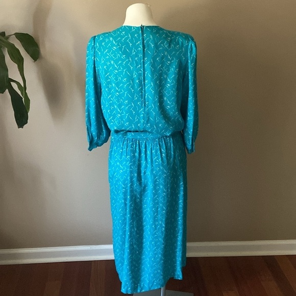 Vintage Karin Stevens Blue And White 80’s 3/4 Sleeve Midi Belted Dress Costume - Picture 4 of 7